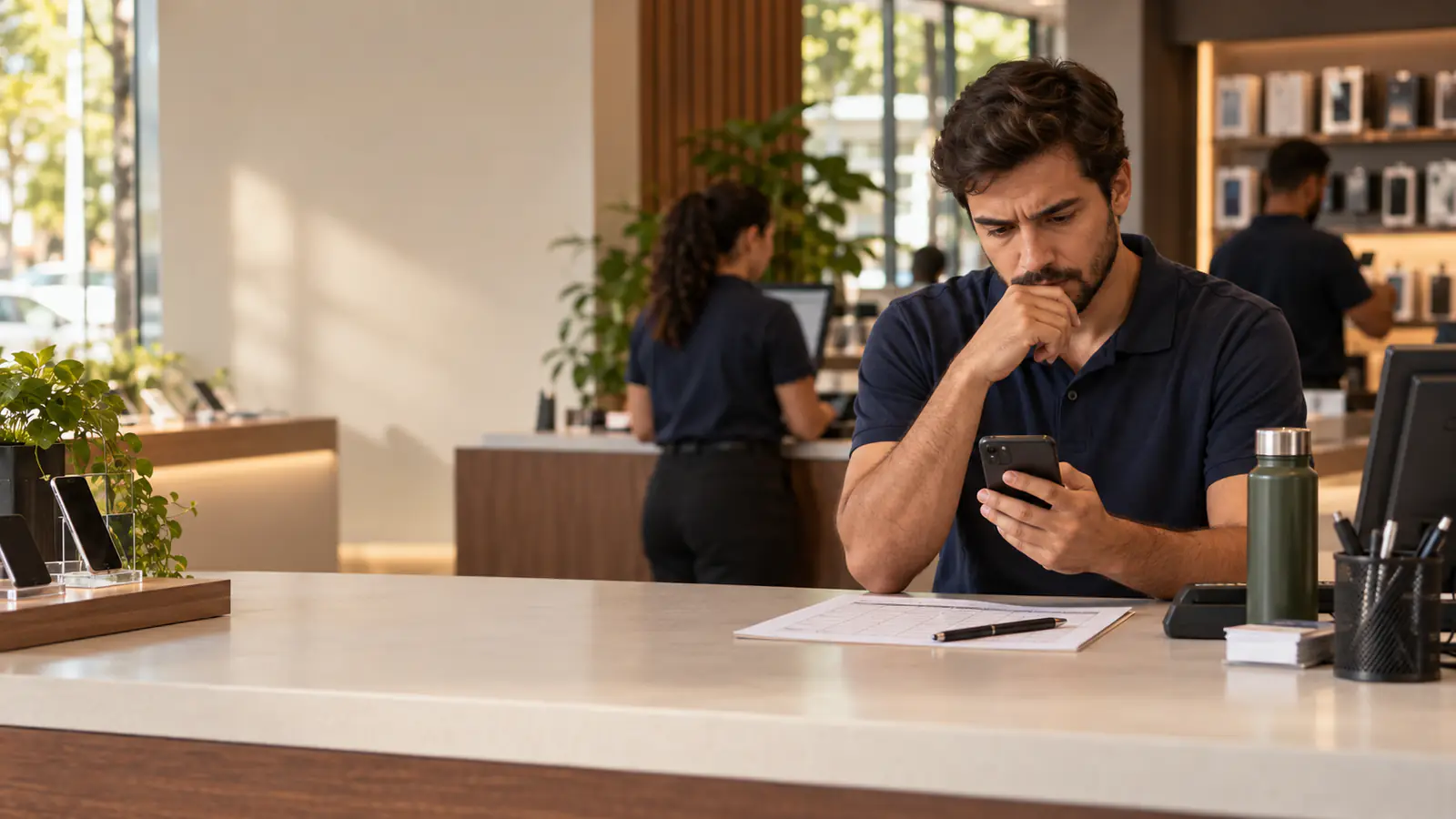 Trabalhador usa o celular pessoal para conferir tarefas profissionais em uma loja durante o expediente.